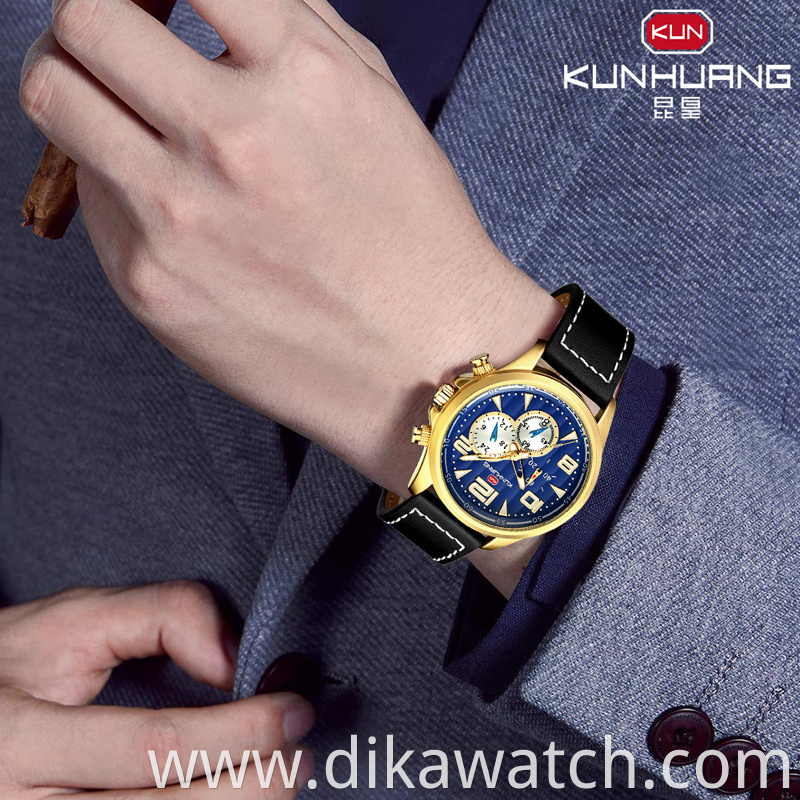 Hot 2019 KH Sports Watches Man Large Dial Three Eyes Six-pin Waterproof Leather Quartz Wristwatch Luminous 1013